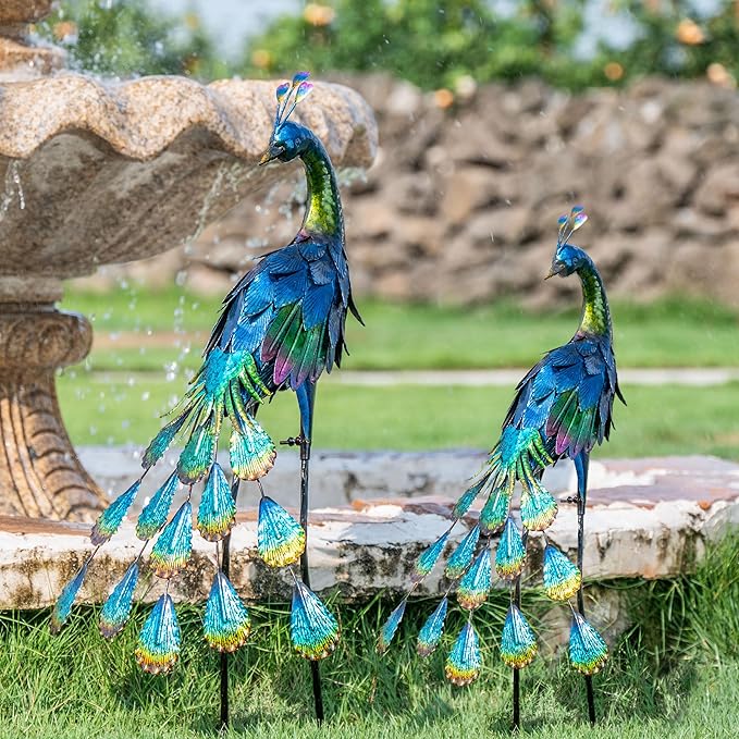 TERESA'S COLLECTIONS Outdoor Decor Peacock Yard Art Garden Sculptures & Statues,Blue Small Metal Bird Lawn Ornaments,18" Outside Mardi Gras Decorations for Porch,Patio,Pond Decor,Gifts for Mom