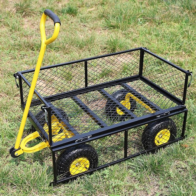Steel Garden Cart 400 lbs Capacity with Removable Steel Mesh Sides to Convert into Flatbed, Utility Metal Wagon 180°Rotating Handle Multi-Purpose