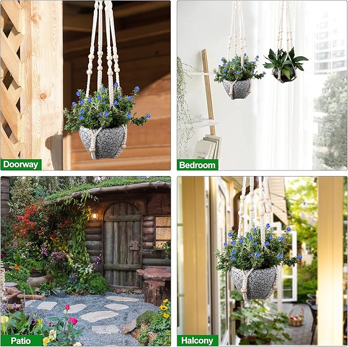 Macrame Plant Hanger for 5 to 10 Inch Plant Pots, Set of 2 Indoor Handmade 35 Inch Woven Rope Hanger Kits with Hooks and Wood Beads, Hanging Planter Basket Holder for Boho Home Decor (White, 2 Pack)