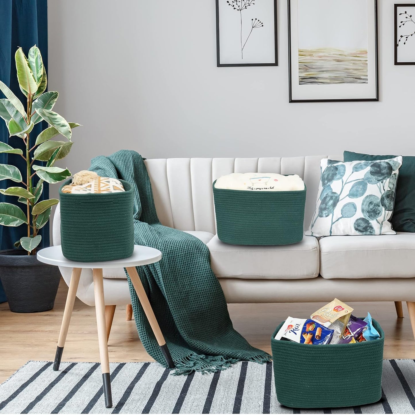 Cotton Rope storage Basket Bins14.5X9.5X9.3“ Basket for Organizing Shelves Rectangle Decorative Baskets For storage Clothes Toys Books Towels Square Wicker Nursery basket organizer 3 pack Dark green