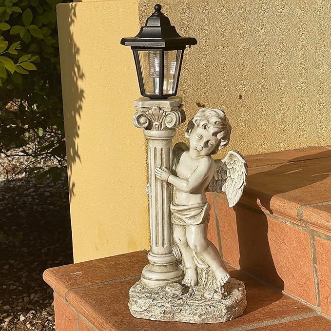 Angel Statue with Solar Lights (Right) 19.7 Inch, Outdoor Solar Angel Garden Statue with Roma Pillar for Garden Lawn Deocr, Christian Religious Gift