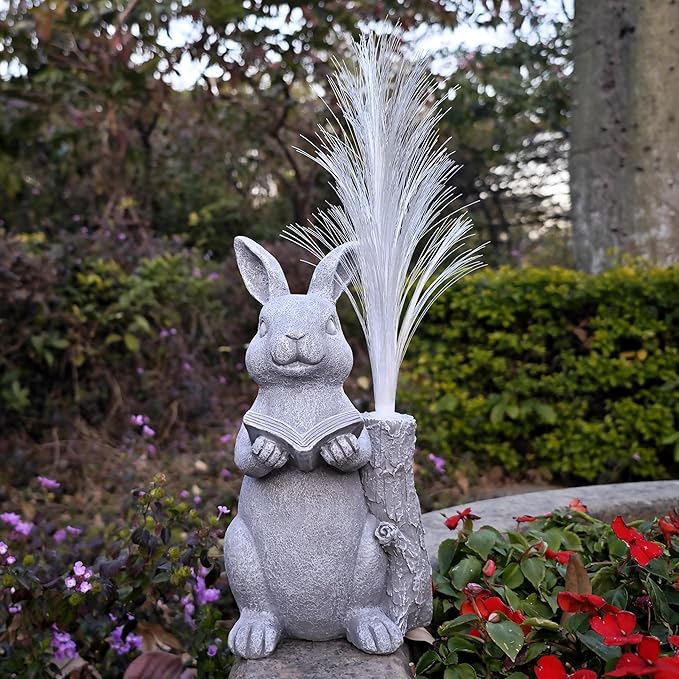 Rabbit Solar Garden Statues,Resin Rabbit Figurine Reading a Book and 7-Color Changing Optical Fiber with Solar Lights, Lawn Decor Outdoor Statue for Patio,Balcony,Yard,Lawn Ornament