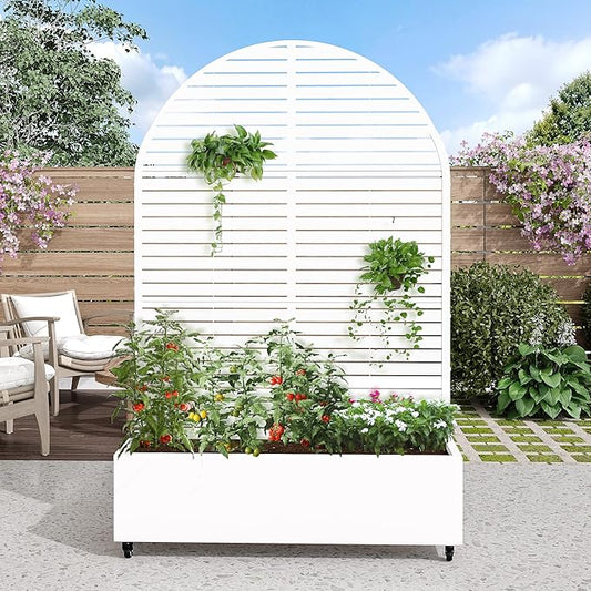 Casaphoria Metal Raised Garden Bed with Trellis and Wheels, 72"x47"x16" Arched Planter Box for Climbing Plants, Vegetables & Vines, Features Drainage Holes and Privacy Screen (White-Louvered)