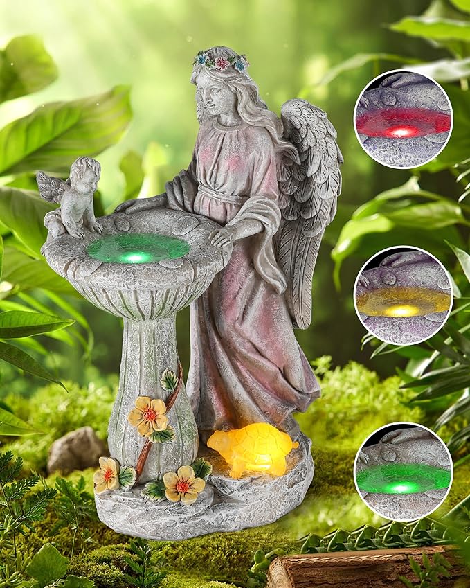 iStatue Solar Angel with Mushroom Bird Bath Statue - 9.5'' Garden Decor for Outside Clearance, Color-Changing Lights Lawn Ornaments Baby Turtle Figurine for Yard Patio Balcony (Angel)