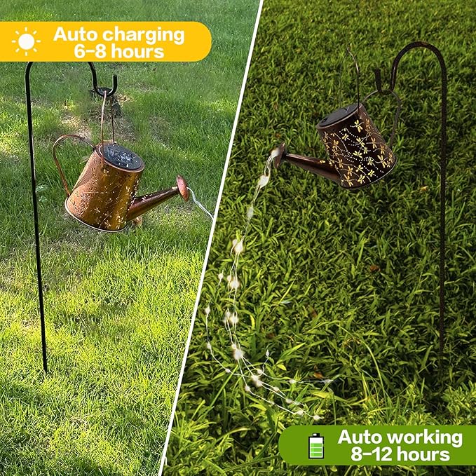 Solar Watering Can Outdoor Lights Garden Decor,Dragonfly Hanging Lantern Waterproof Landscape Lights Outside Decoration for Yard Porch Patio Pathway Gardening Gifts(with 32 inch Shepherd Hook)