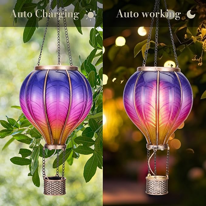 TERESA'S COLLECTIONS Hot Air Balloon Solar Lantern for Garden Decor ,Flickering Flame Hanging Solar Light for Outdoor ,Purple & Pink Plastic Lamp for Yard Tree Gift for Mom