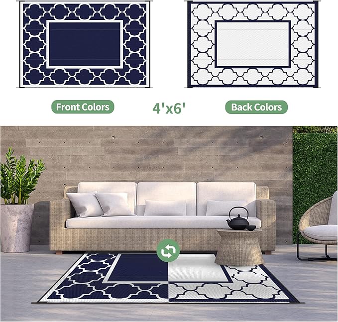 GENIMO 4' x 6' Outdoor Rug Waterproof for Patio Decor, Foldable Reversible Plastic Straw Area Rugs Mat for Camper, Outside Carpet for Rv, Deck, Porch, Picnic, Beach, Balcony, Blue & White