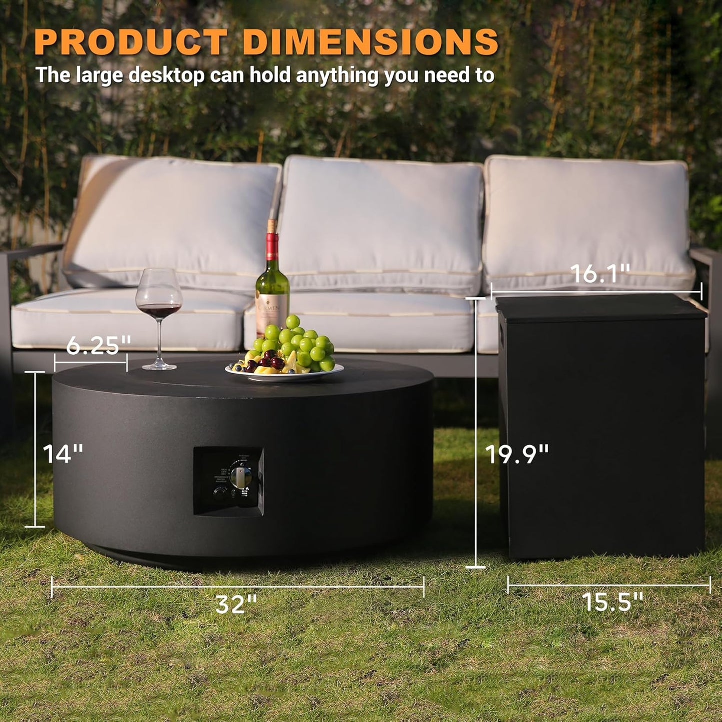 3-Piece Outdoor Fire Pit Table, 32 Inch Propane Fire Table 65,000 BTU Black Round Gas Firepit, Baking Sheet, Wind Guard and 16 inches Tank Side Table for Deck, Backyard and Pool, Black