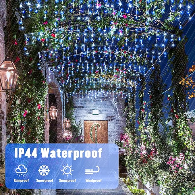 JMEXSUSS Blue&White Icicle Lights Indoor Outdoor, 38.8FT 400 LED Icicle Christmas Lights for Outside, Icicle String Lights with Remote for House Bedroom Fireplace Birthday Party Christmas Decorations