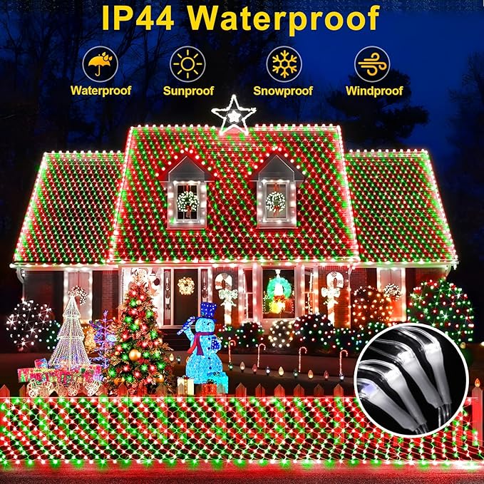 KNONEW Christmas Net Lights 360 LEDs 13ft x 9.8ft Outdoor Mesh Lights Connectable Waterproof 8 Modes & Timer Plug-in Net Fairy Lights for Bushes Garden Party Wedding Holiday,Red and Green