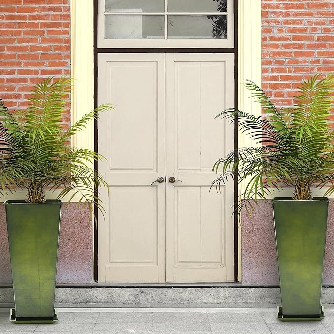 KOL Galvanized Steel Planter 25''H. with Saucer, Bright Glazed Planter with Drainage Hole, Set of 2, Tall Pots for Indoor & Outdoor Use, Decorative Flower Plant Pots for Porch, Patio, Deck - Green