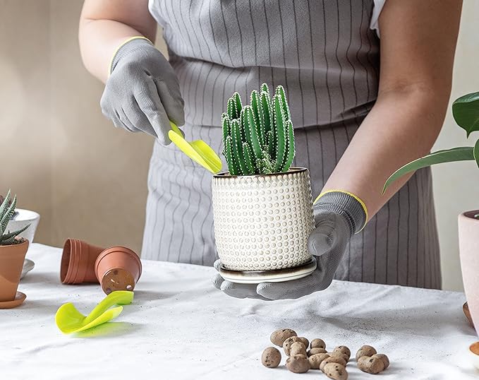 D'vine Dev 6 Inch 4 Inch Ceramic Indoor Planter Pots with Drainage Hole and Saucer, Beaded Design Flower Pots, Set of 2, Smoked White, 27-D-U-1