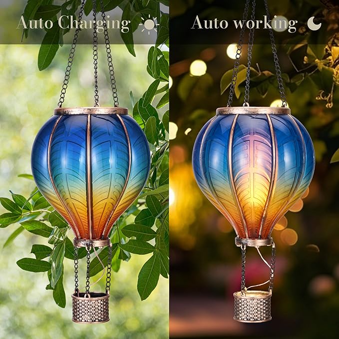 TERESA'S COLLECTIONS Hot Air Balloon Solar Lantern for Garden Decor ,Flickering Flame Hanging Solar Light for Outdoor ,Blue & Yellow Plastic Lamp for Yard Tree Gift for Mom
