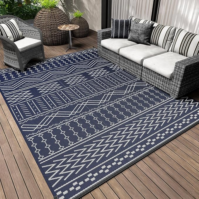 Outdoor Rug Carpet Waterproof 8x10 ft Patio Rug Mat Indoor Outdoor Area Rug for RV Camping Picnic Reversible Lightweight Plastic Straw Outside Rug for Patio Decor Decoration Boho Rug Navy Blue White