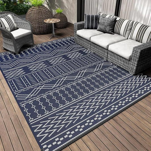 Outdoor Rug Carpet Waterproof 5x8 ft Patio Rug Mat Indoor Outdoor Area Rug for RV Camping Picnic Reversible Lightweight Plastic Straw Outside Rug for Patio Decor Decoration Boho Rug Navy Blue White