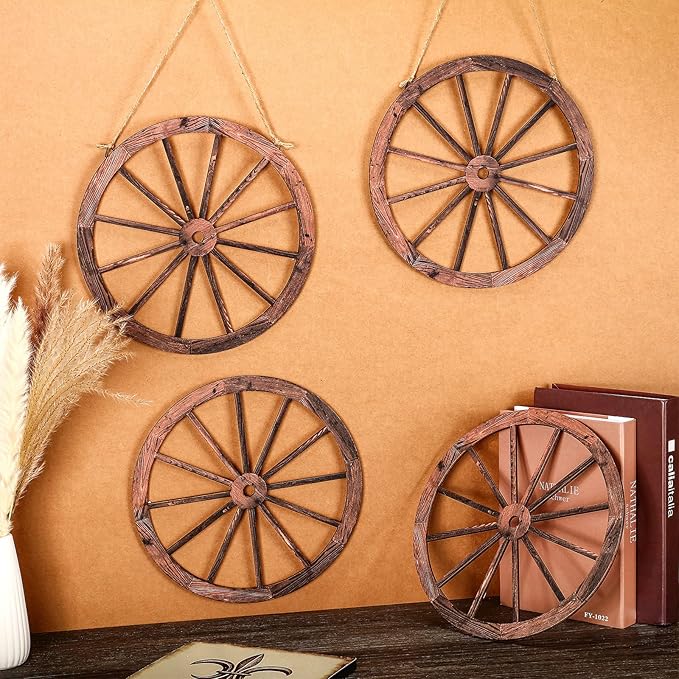 Qunclay 4 Pcs Wooden Wagon Wheel Wall Decor Old Western Wood Boho Wall Art Farmhouse Boho Wagon Wheels Rustic Yard Decor Wood Hanging Decorations for Garden Home Bar Garage (10 Inch)