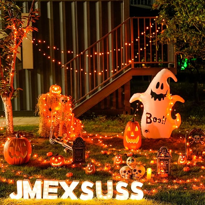 JMEXSUSS 2 Pack Orange Halloween Lights: 100 LED 33ft Solar Halloween Lights Outdoor Waterproof - 8 Modes Orange Lights for Halloween Outside Tree Gardens Party