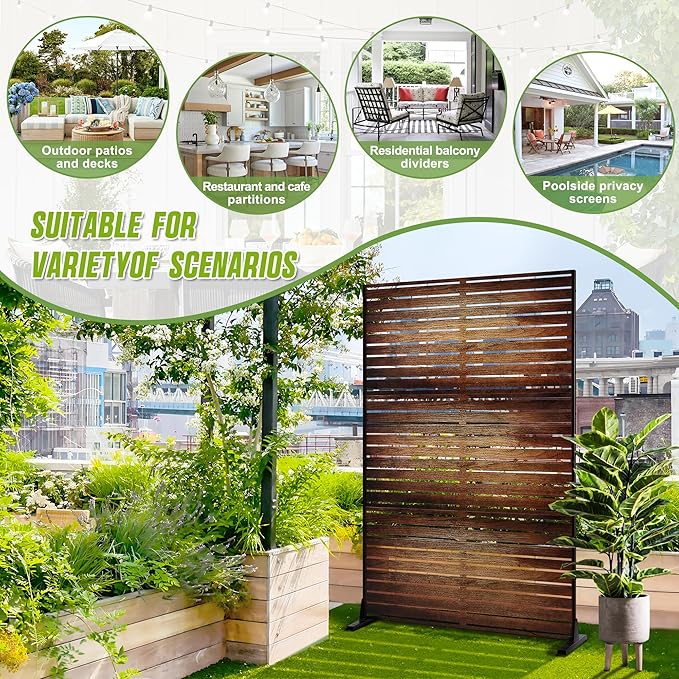 FENCY Metal Outdoor Privacy Screen 72" H×47" W Vintage Wood Color Patio Privacy Screen, Freestanding Decorative for Deck Balcony Patio