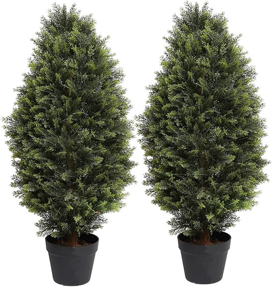 3FT Artificial Cedar Topiary Trees, Fake Cypress Trees Faux Pine Shrubs Plants, Evergreen Plants for Home Porch Decor Set of 2