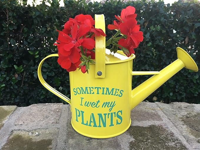 Small Indoor Watering Can - Gardening Gifts for Women -Sometimes I Wet My Plants- 1.6 L - Cute Watering Can for Gardeners - Yellow Galvanized Metal
