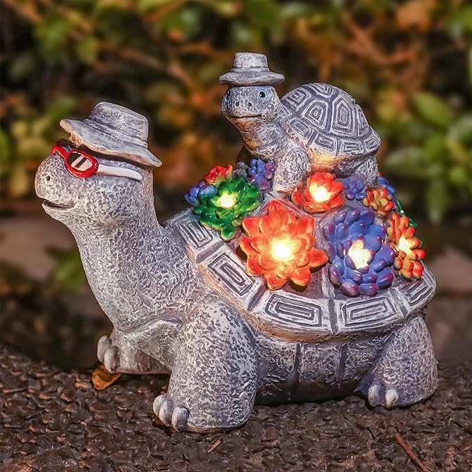 Solar Turtles for Outdoors -Cute Turtle Figurines with Baby for Yard Decorations Outdoor - Ideal for Anniversaries, Christmas, Birthdays, Gift for Mom - Garden Decor for Outside - Turtle Garden Décor