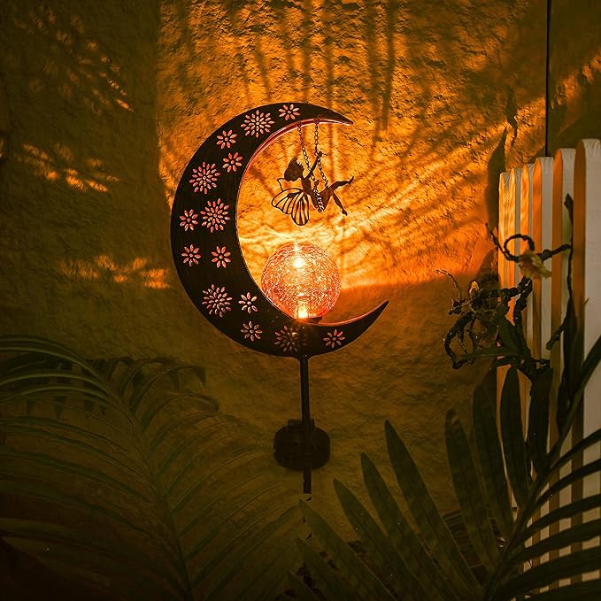 TERESA'S COLLECTIONS Solar Lights Outdoor for Garden Decor, 39" Metal Moon Fairy Pathway Light Garden Statues with Crackle Glass for Patio Decor,Lawn Ornaments Yard Art for Outside, Gift for Christmas