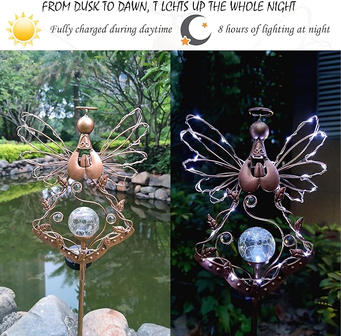 Solar Angel Outdoor Lights Garden Stake - Metal Angel Crackle Glass Ball Solar Light- Waterproof 31 White LED for Garden Lawn Patio or Courtyard Decor（Bronze）