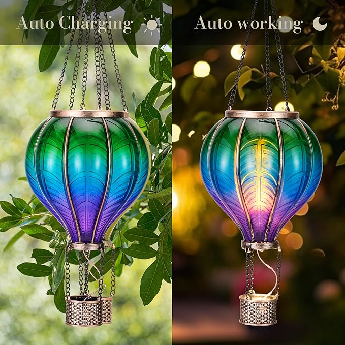 TERESA'S COLLECTIONS Hot Air Balloon Solar Lantern for Garden Decor ,Flickering Flame Hanging Solar Light for Outdoor ,Multicolor Plastic Lamp for Yard Tree Gift for Mom