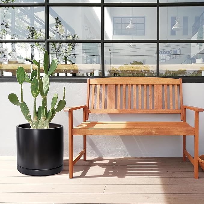 D'vine Dev 14 Inch Ceramic Planter Pot with Drainage Hole and Saucer, Indoor Cylinder Round Planter Pot, Black, 94-O-G-2