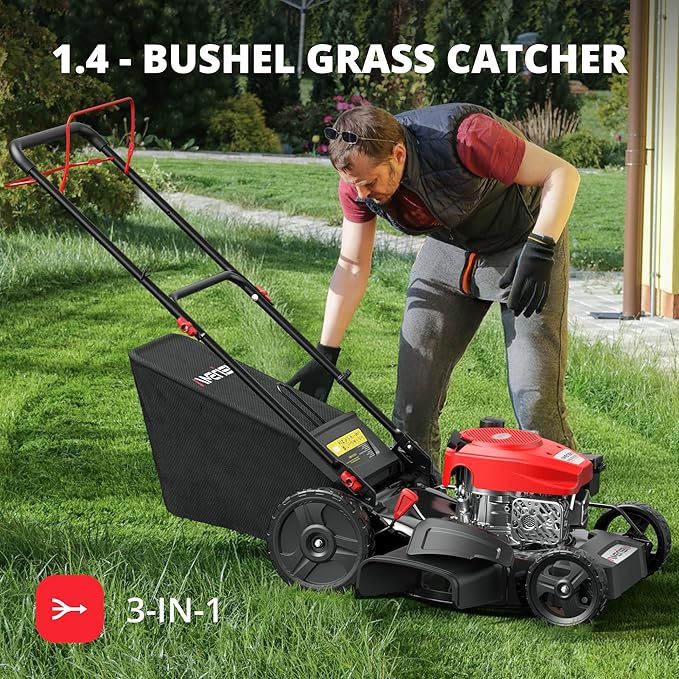 21" Gas Lawn Mower, Self-propelled Lawn Mower 3-in-1, 170cc OHV Engine with Forced Air Cooling, 6 Cutting Heights, 1.4-Bushel Grass Catcher