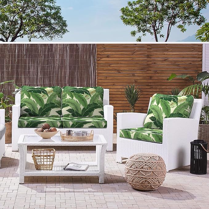 LVTXIII Outdoor Deep Seat Cushion 24"x24"x4" Patio Seat and Back Cushion Set Seasonal Chair Cushion for Dining Arm Chairs, Wicker Chairs and Garden Furniture Decoration, Swaying Palms Green