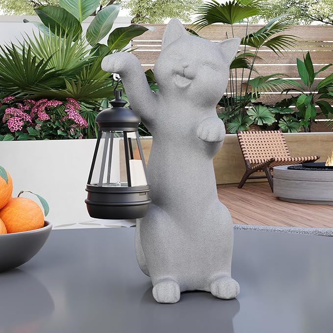 Solar Powered Garden Resin Statue Lights, 10 Inch Waterproof Outdoor Animal Cute Cat Figurine Lights, Suitable for Patios, Balconies, Lawns, Courtyards, Etc.(Hand)