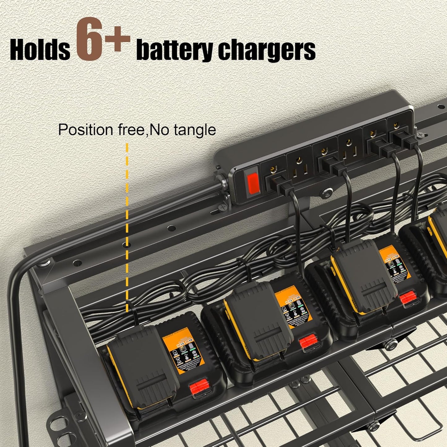 Power Tool Organizer Wall Mount with Charging Station, 3 Layers Storage Rack with 8 Cordless Drill Hangers, Tool Battery Holder Built in 6 Outlet Power Strip, Utility Racks for Garage Workshop