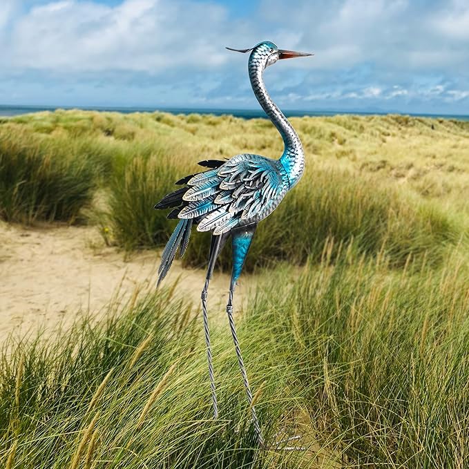Crane Garden Decor Statue, Blue Heron Garden Statue Metal Yard Art Outdoor Decoy, Garden Sculptures & Statues for Yard/Garden/Lawn/Pond/Outdoor Decoration, 1Pc