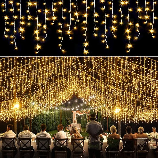 Icicle lights Outdoor - 66ft Christmas Lights with 640LED 120 Drops 8 Modes, Plug in Curtain String Lights Waterproof for Holiday Wedding Party Home Garden Bedroom Indoor Outdoor Decoration,Warm White