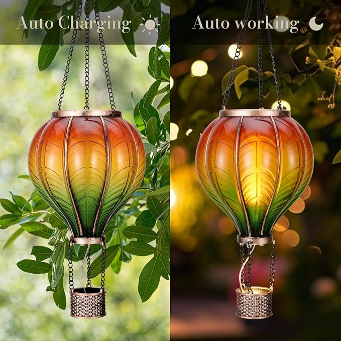 TERESA'S COLLECTIONS Hot Air Balloon Solar Lantern for Garden Decor ,Flickering Flame Hanging Solar Light for Outdoor ,Orange & Green Plastic Lamp for Yard Tree Gift for Mom