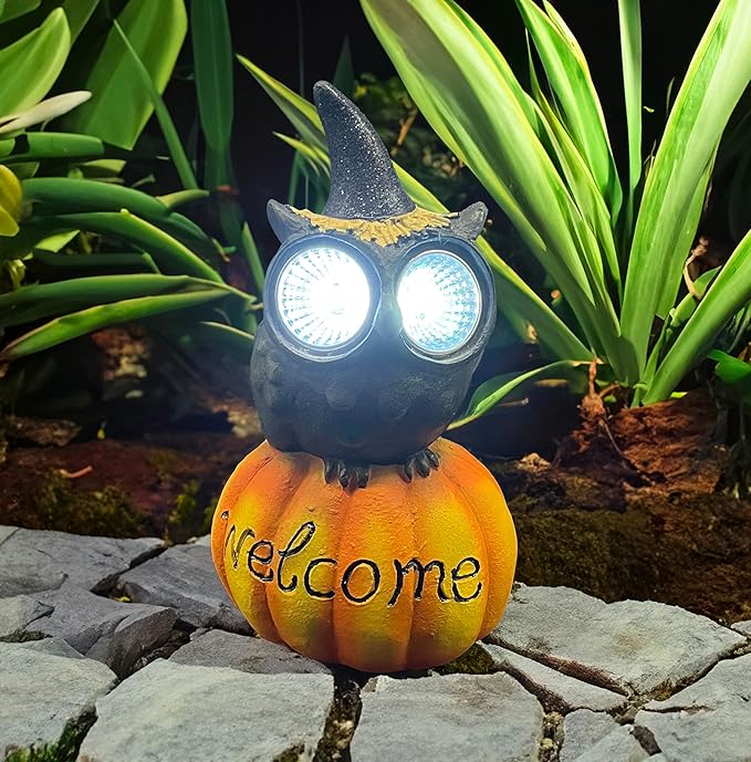 coolboy Pumpkin Owl Garden Statue,Waterproof LED Lights Outdoor Decor,Resin Owl Ornament,Pumpkin Lantern Indoor Figurines for Patio Garden Table Decor for Ourdoor Garden