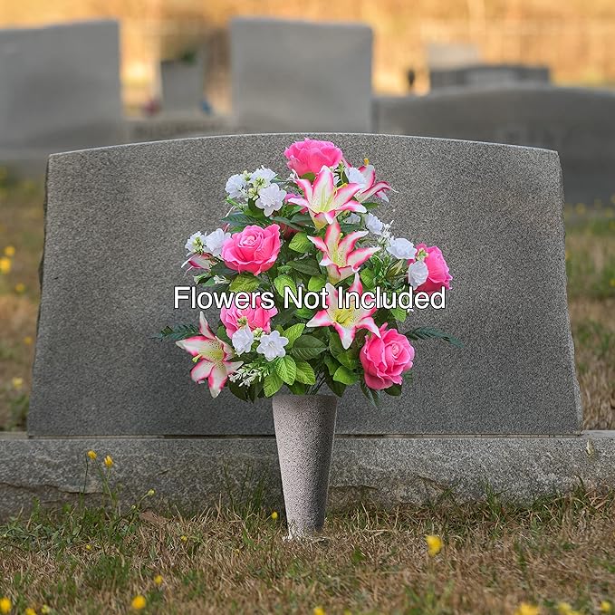 Cemetery Vase with Stakes - Plastic Flower Vases with 2 Ground Spikes, Draining Holes - for Garden, Lawn, Yard - Memorial Grave Decorations 12.7x3.4x3.9, Grey Granite Design