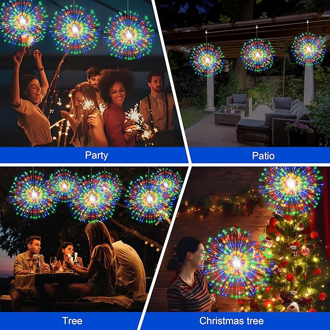 Solar Firework Lights Outdoor, 1000 LED Starburst Light Outdoor with USB Rechargerable, 8 Modes Waterproof Solar Hanging Lights for Gazebo Yard Party Wedding Decorations (Multicolored, 1000 LED)