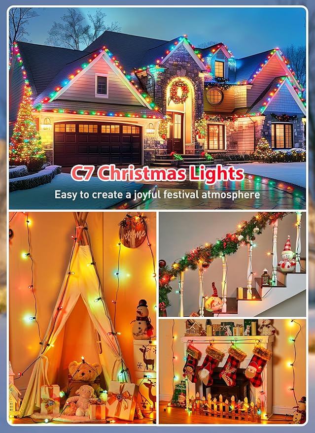 C7 Multicolor Christmas String Lights - 100ft Vintage Christmas Tree Lights, Outdoor Roofline String Lights with 100+4 Spare Bulbs for Patio Garden Holiday Indoor Home Xmas Decoration, Green Wire