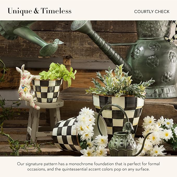 MACKENZIE-CHILDS Enamel Garden Pot, Planting Pot for Plants and Flowers, Small, Black-and-White Courtly Check