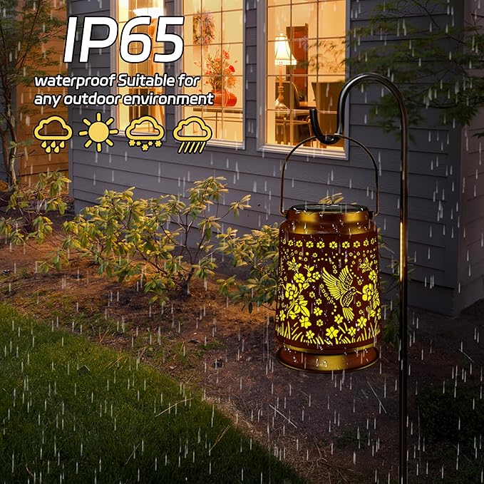 KY&BOSAM Solar Hummingbird Lanterns Outdoor Waterproof, Metal Openwork LED Hanging Solar Lights Outside Decorative for Yard Patio Backyard Deck Porch Garden Decor Birthday Gifts for Women Mom Grandma