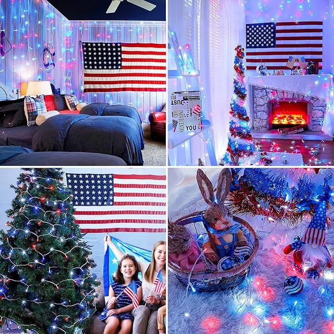 JMEXSUSS Red White & Blue Lights Clear Wire, 66 Ft 200 LED 4th of July Decorations String Lights Plug in, Christmas Lights for Independence Day Celebration Party Memorial Day Patriotic Holidays Decor