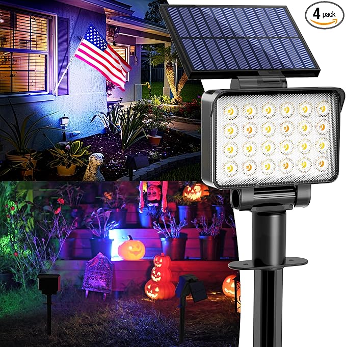 Color Changing Solar Spot Lights Outdoor Waterproof for Flag, Tree, House, Garden, Yard, Landscape Spotlights for Accent Uplighting Halloween Christmas Decorations-4 Pack