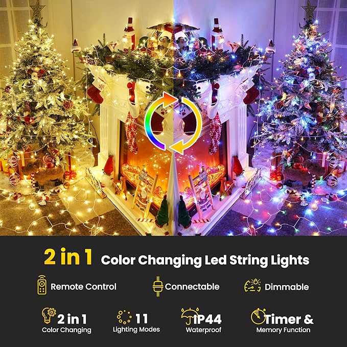 Color Changing Christmas Lights, 338ft 1000 LED Warm White & Multicolor Christmas String Lights with Remote, 11 Modes Christmas Twinkle Lights Waterproof for Christmas Party, Garden, Xmas Tree Decor