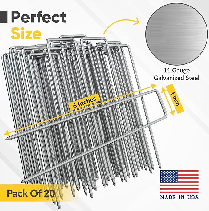 USA Made 20 Pack Landscape Staples 6 inch 11 Gauge Garden Stakes Galvanized Steel | Yard Stakes for Decorations Weed Barrier Fabric | Ground Stakes for Gardening | Fence Stakes Landscape Pins