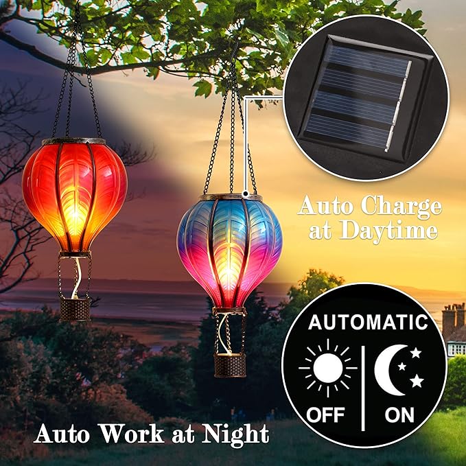 TERESA'S COLLECTIONS 2 Pack Hanging Solar Lantern Outdoor Garden Decor ,Waterproof Plastic Hot Air Balloon Red Flickering Flame Effect Lantern for Yard Tree,Gift for Mom Lovers,18"