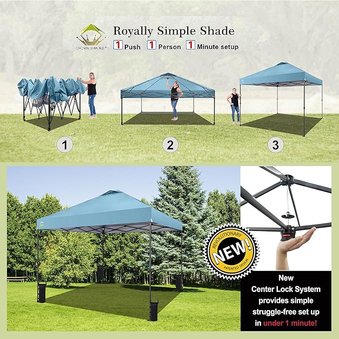 CROWN SHADES 10x10 Pop Up Canopy Tent - Patented Center Lock One Push Instant Outdoor Canopy Beach Tent with STO-N-Go Bag 8 Stakes & 4 Sand Bags，Cyan Blue