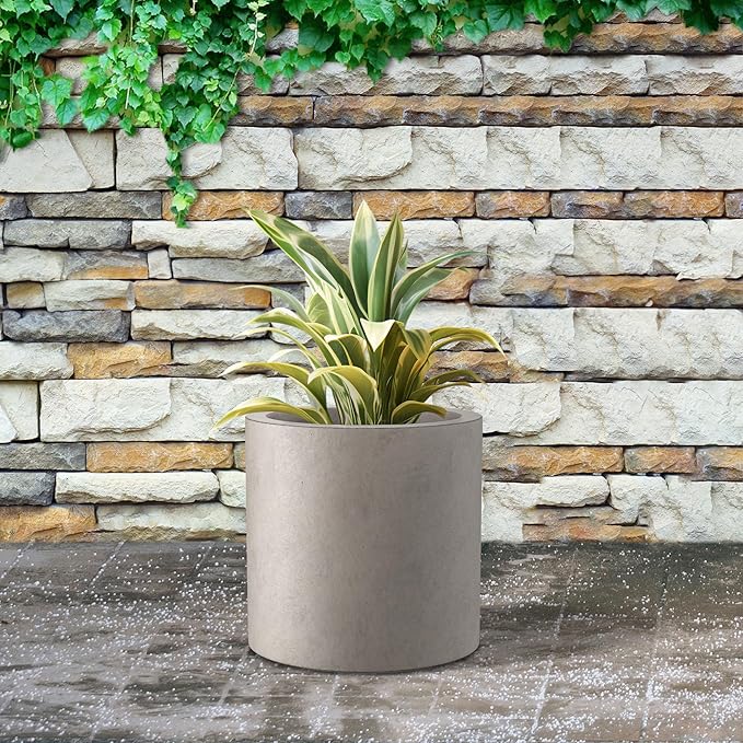 Kante 9.8" Dia Round Concrete Planter, Modern Style Large Cylindrical Plant Pot with Drainage Hole and Rubber Plug for Indoor Outdoor Patio, Weathered Concrete