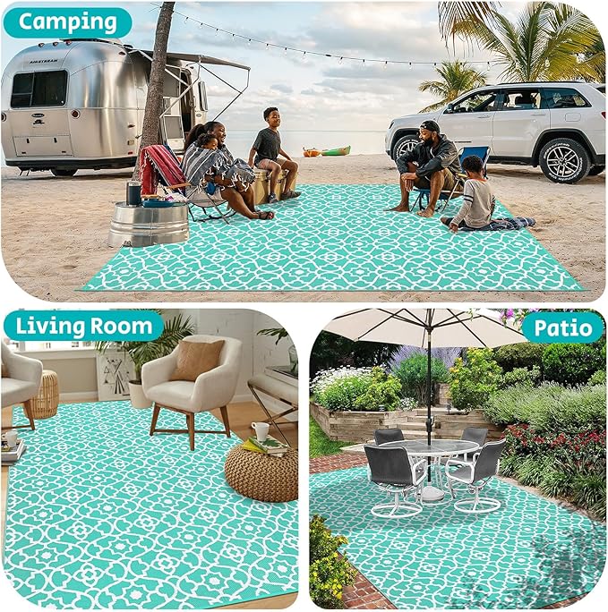 HEBE Outdoor Rug Waterproof 9x12, Reversible Plastic Straw Rug RV Camping Rug, Indoor Outdoor Patio Mat Clearance, Outside Carpet for Porch,Deck,Camper,Balcony,Backyard,Picnic